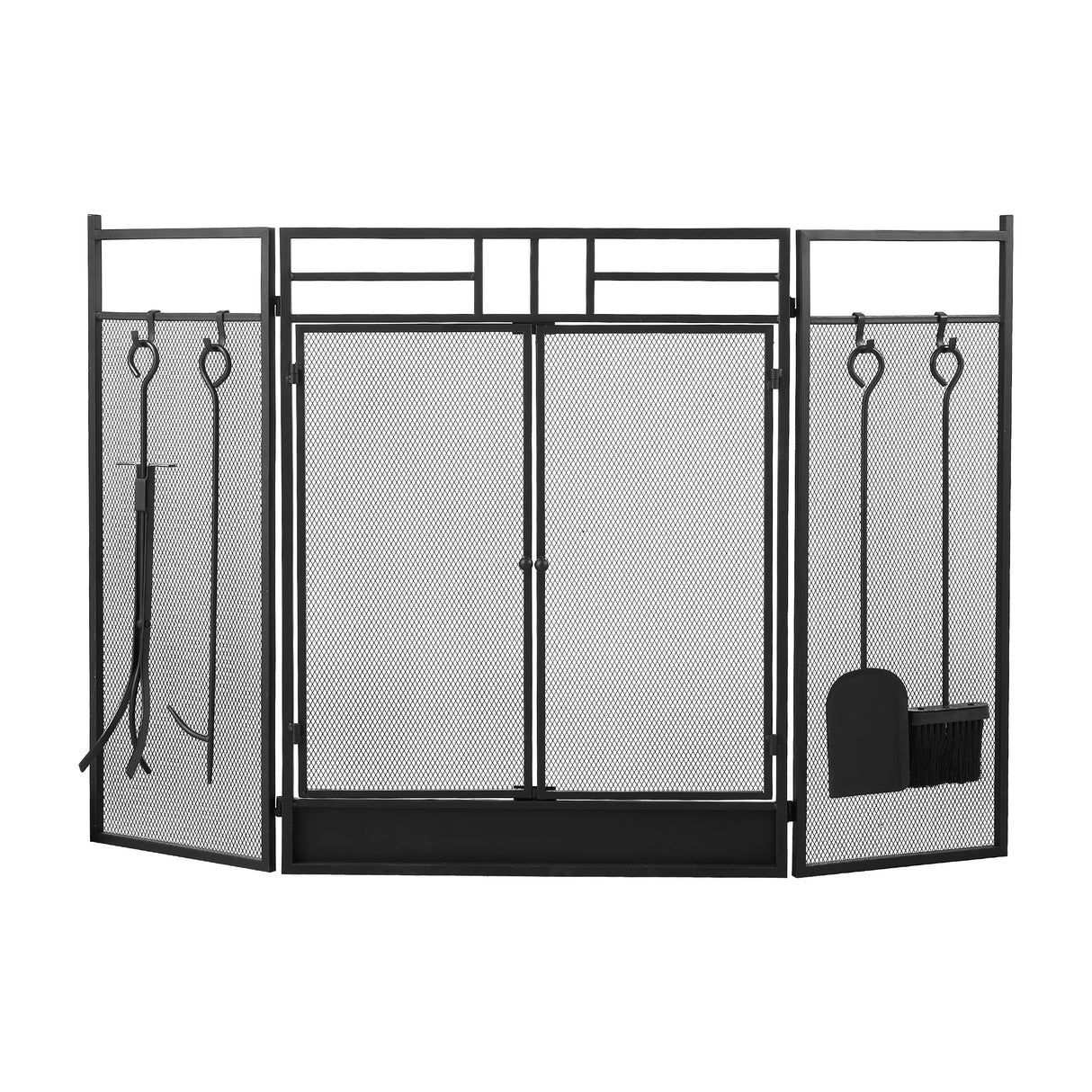 Black Powder-Coated Iron Fireplace Screen with 4-Piece Tool Set – 122x1.3x80cm