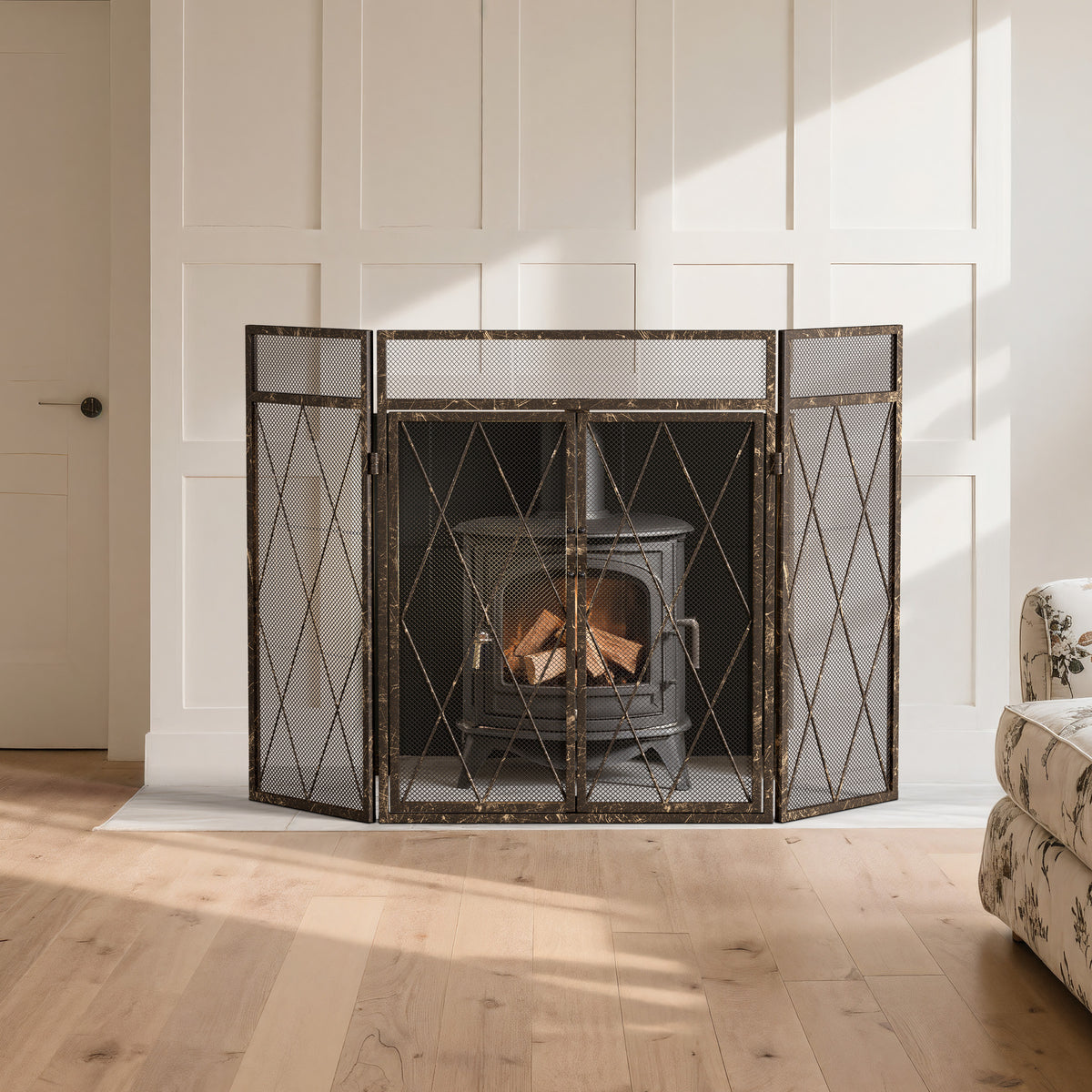 Triple Fold Iron Fireplace Screen Antique Powder Coated 127x13x81cm