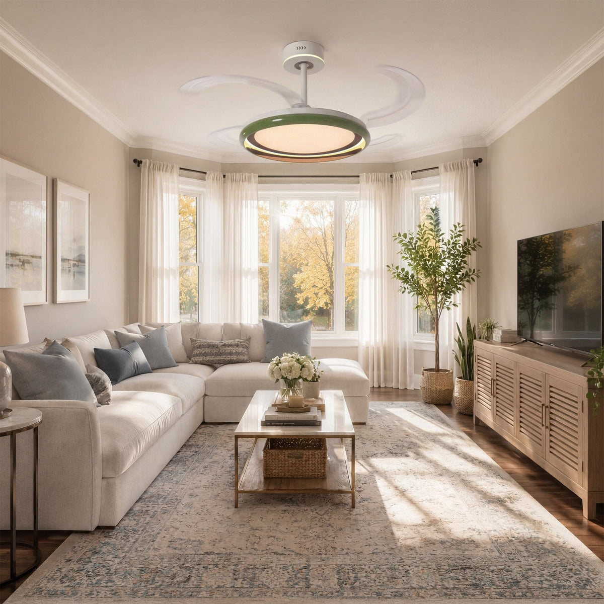 48 inch reversible ceiling fan with LED light with dimensions shown for installation