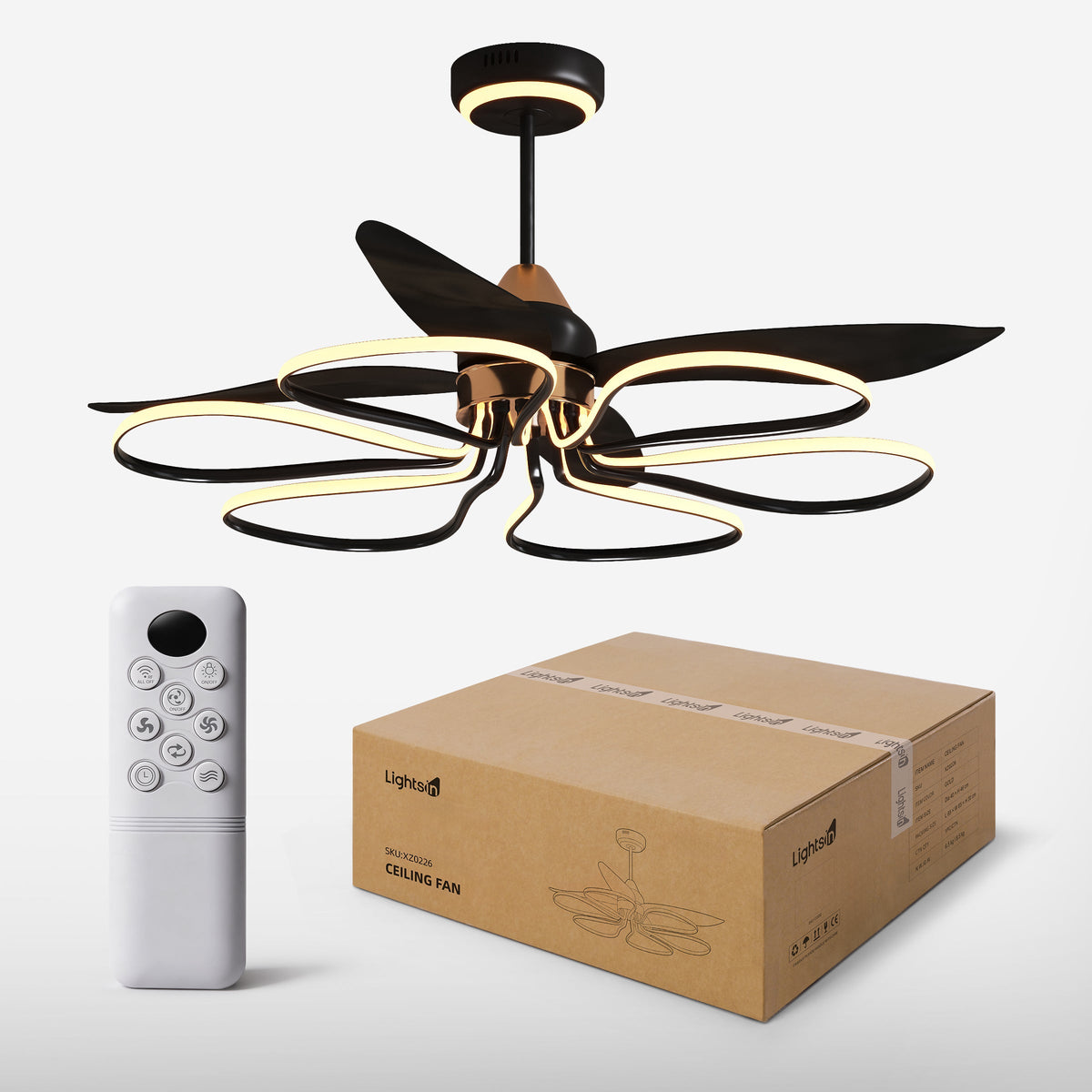 36-inch Black Modern Petal LED Ceiling Fan with Light - 6-Speed with Remote Control