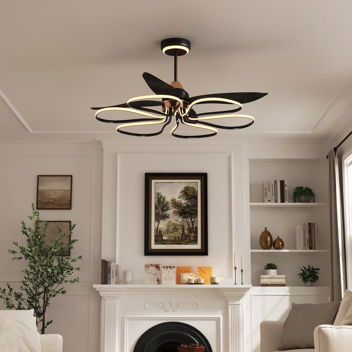 36-inch Black Modern Petal LED Ceiling Fan with Light - 6-Speed with Remote Control