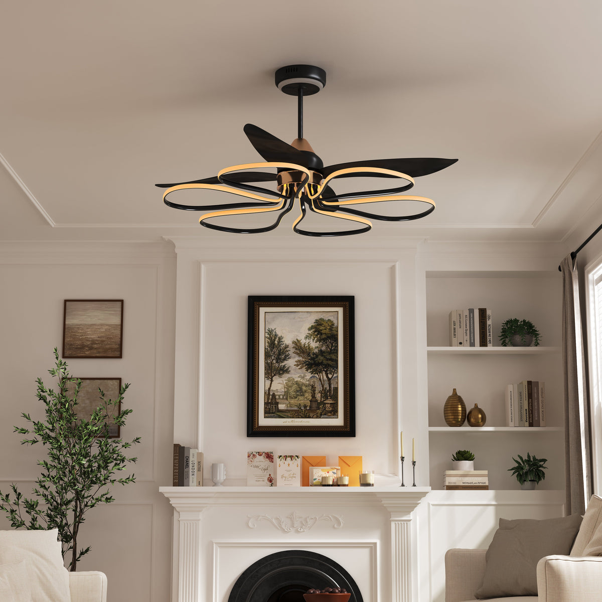 36-inch Black Modern Petal LED Ceiling Fan with Light - 6-Speed with Remote Control