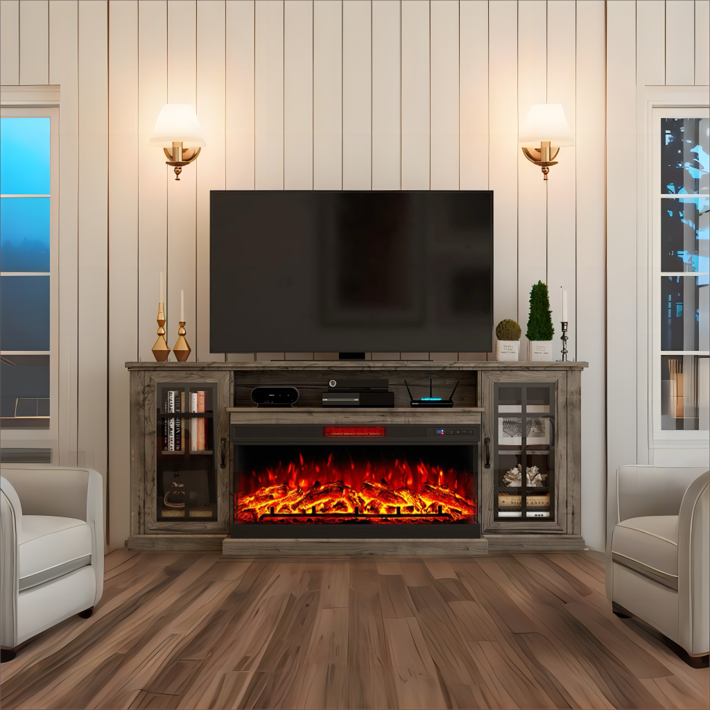 3 Sided Electric Fireplace TV Stand With Glass Door Storage