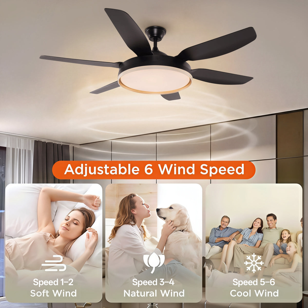 Black 57inch LED Ceiling Fan with Remote, Quiet DC Motor