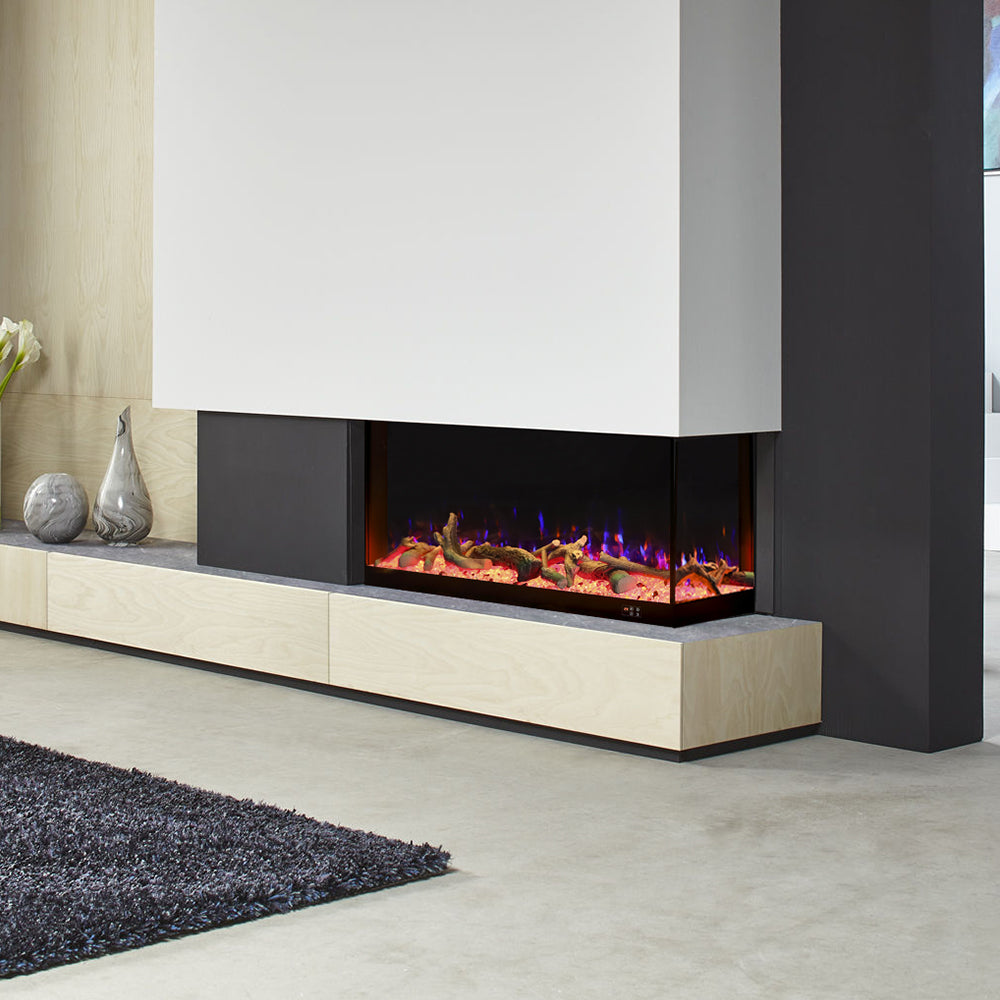 117cm/150cm L-Shaped Electric Fireplace – WiFi Control, LED Display, Resin Logs & Crystal Stones with Heating