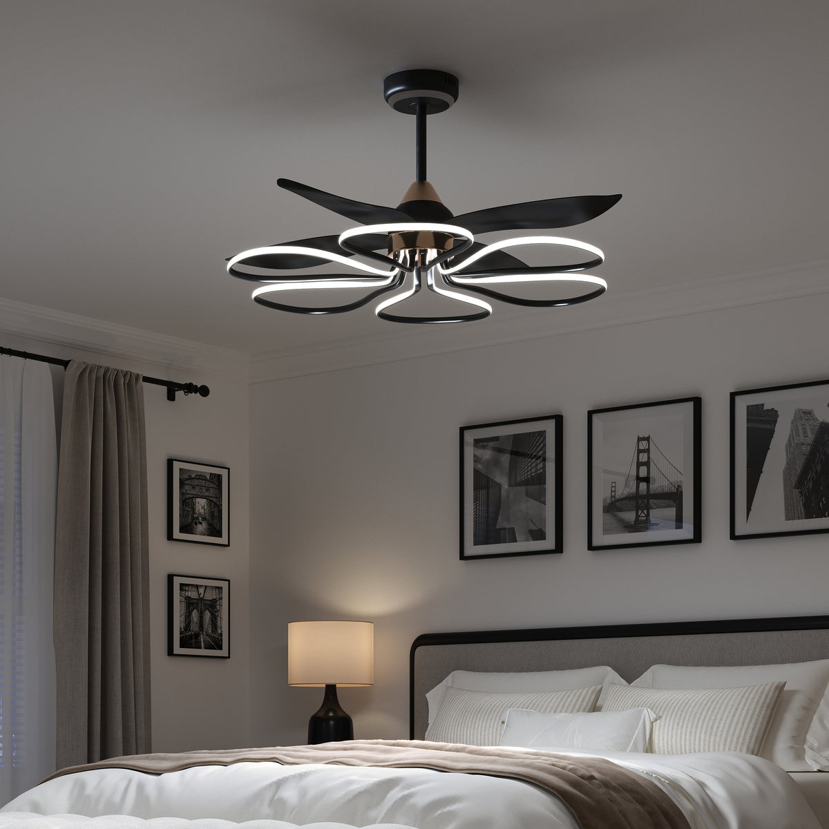 36-inch Black Modern Petal LED Ceiling Fan with Light - 6-Speed with Remote Control