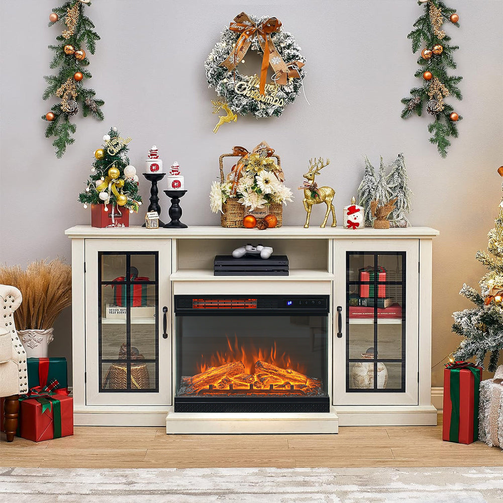 Panoramic Glass Fireplace TV Stand Storage Cabinets Customizable Flames & Remote Control