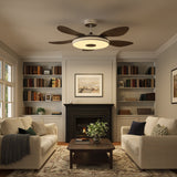 48 inch ceiling fan with dimmable LED light cooling a bright bedroom