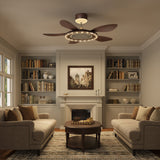 48 inch reversible ceiling fan with LED light shown from below with LED light on