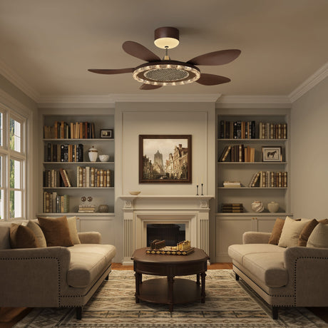 48 inch reversible ceiling fan with LED light shown from below with LED light on