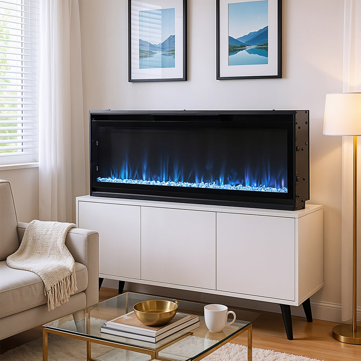 40/50/60inch Black Wall Mounted & Recessed Electric Fireplace with Adjustable Flame & Brightness