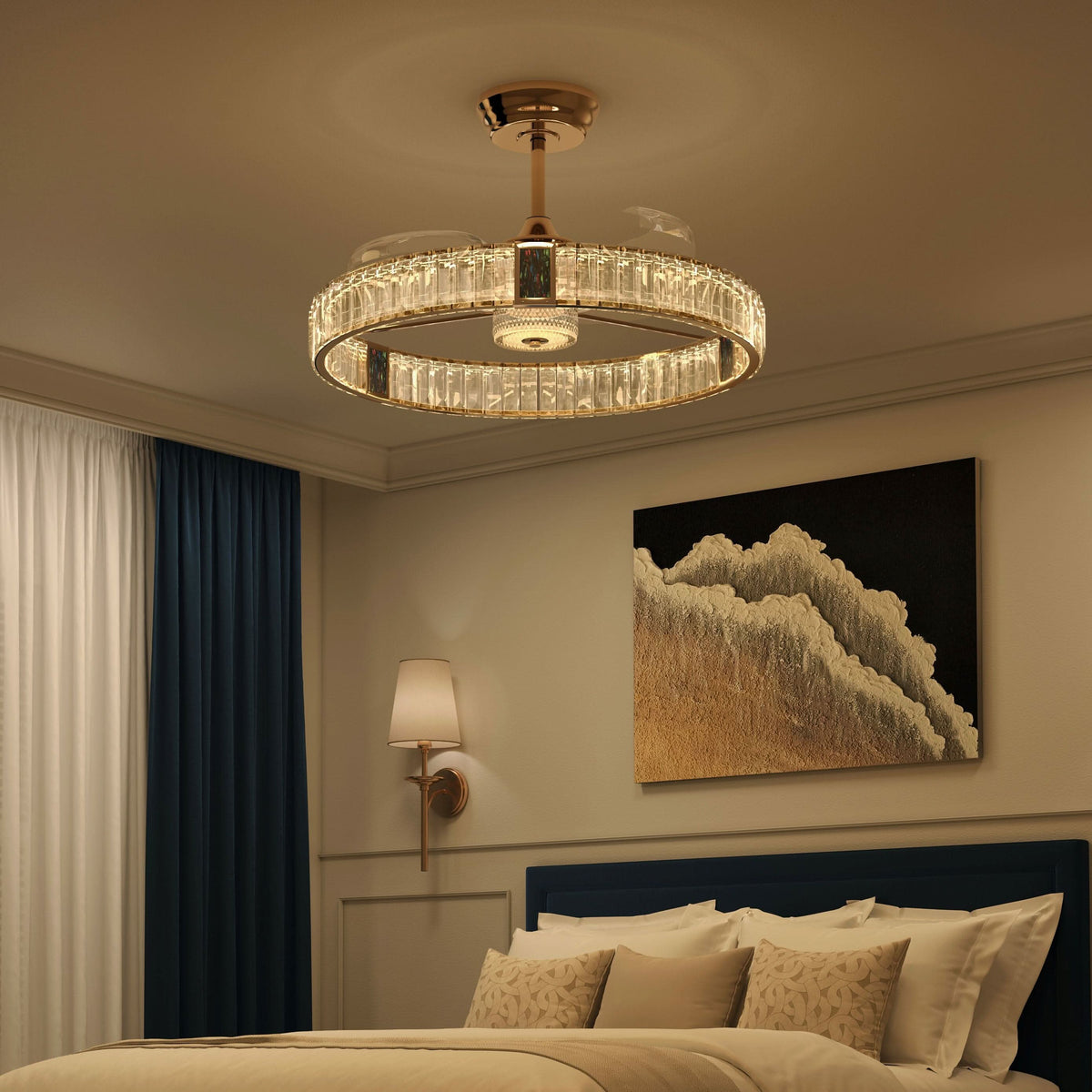 60cm gold ceiling fan with LED light and crystal accents for dining rooms