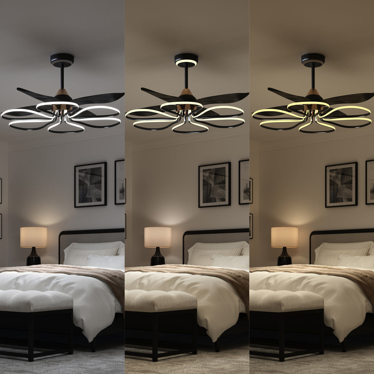 36-inch Black Modern Petal LED Ceiling Fan with Light - 6-Speed with Remote Control