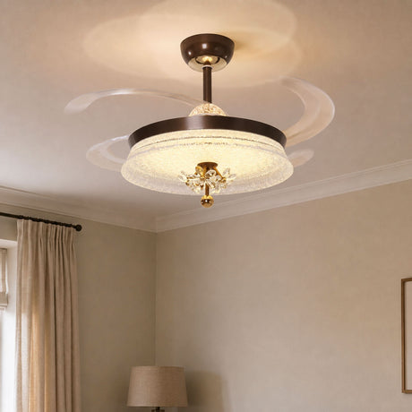 36 inch reversible ceiling fan with LED light cooling a bright bedroom