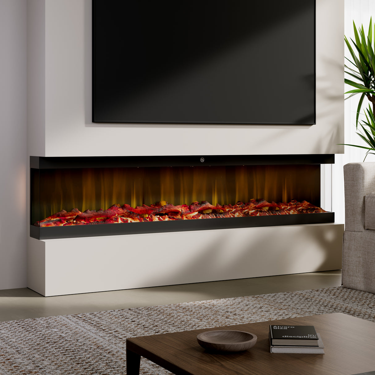 42/48/56/72inch 3-Sided Black/White Electric Fireplace with Remote Control, WiFi Function, Adjustable LED Flames and Heating Modes