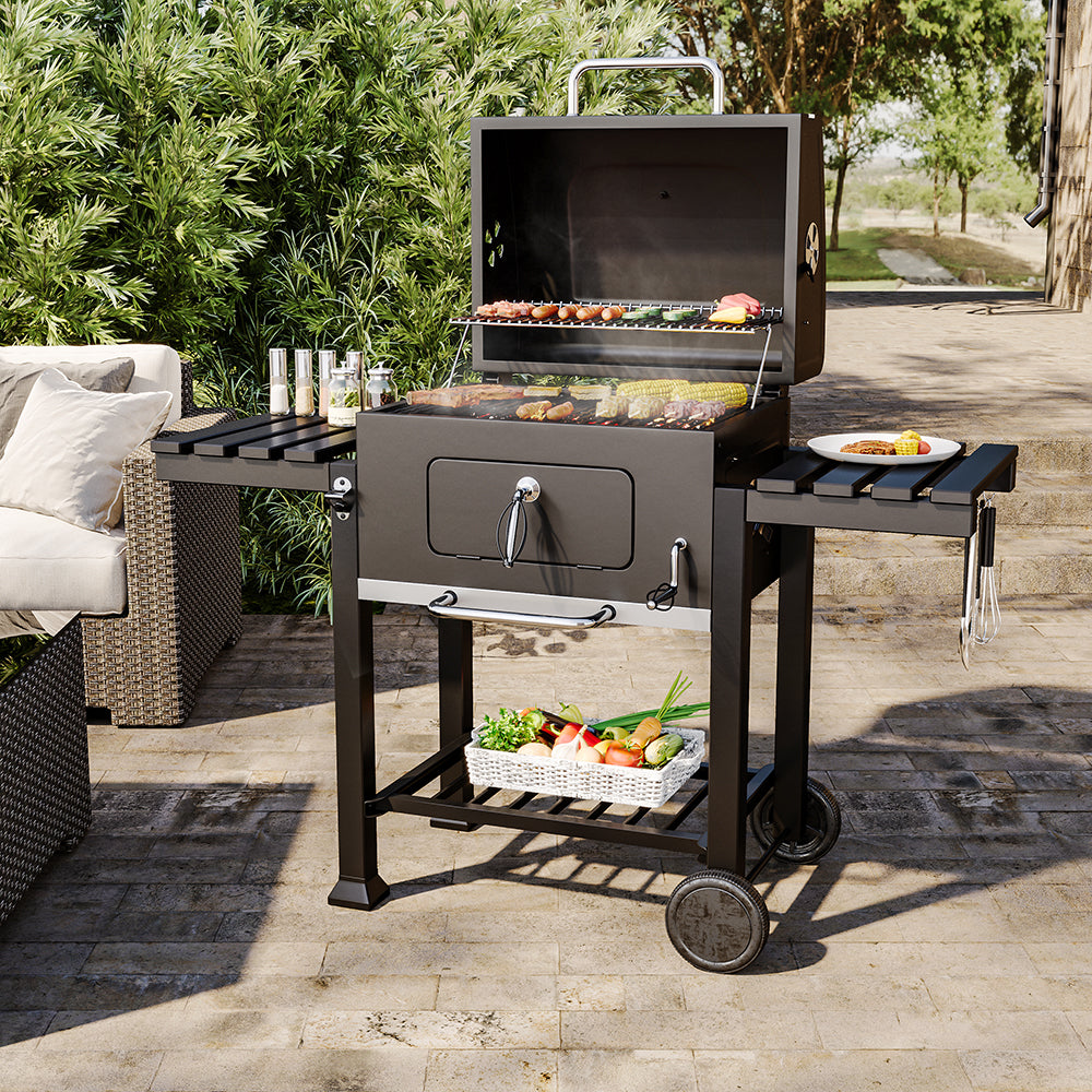 Cart Style Charcoal Grill with Side Tables and Bottom Shelf Medium