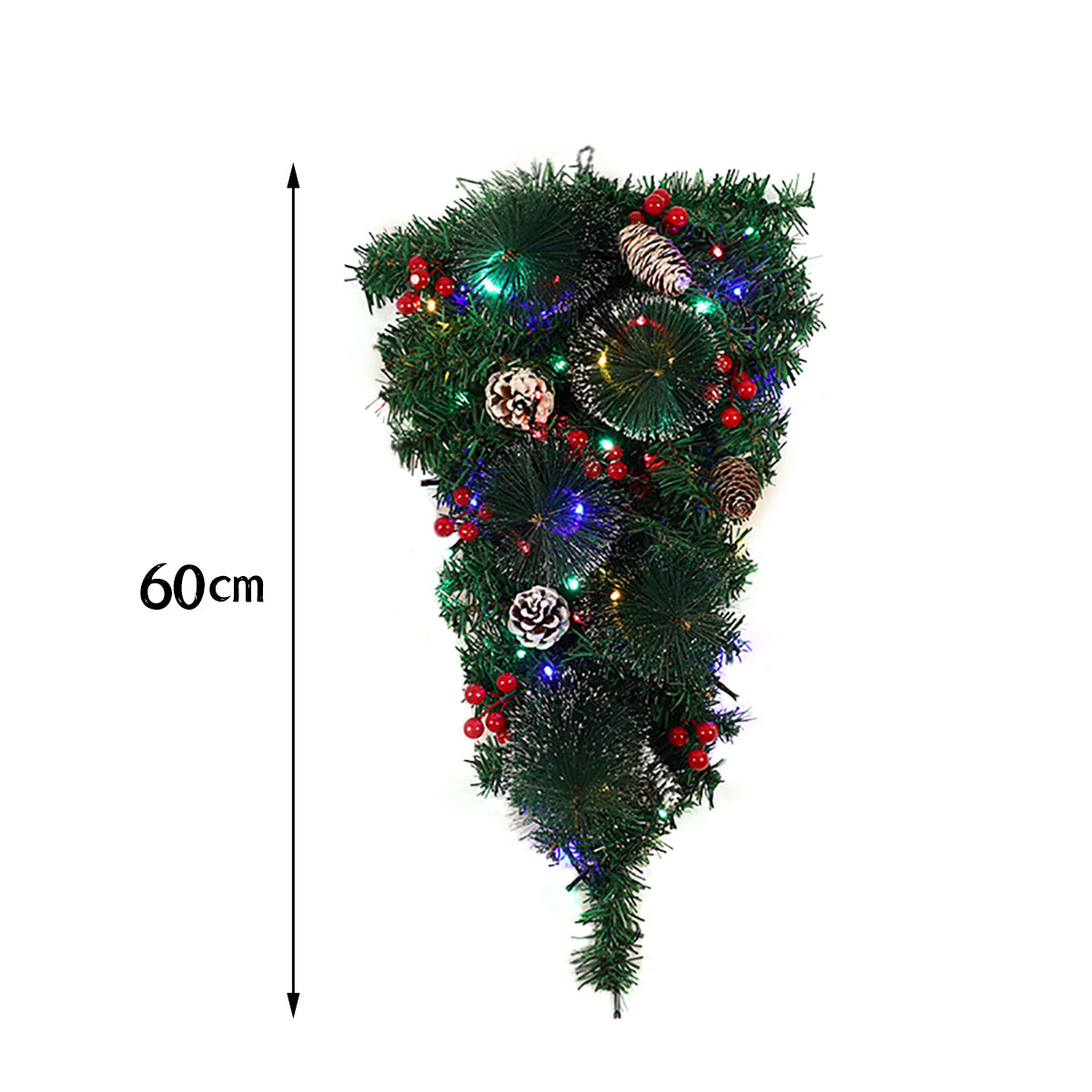 60cm Pre-Lit Christmas Teardrop Swag with Pinecones, Berries, and LED Lights – Holiday Door and Wall Decoration