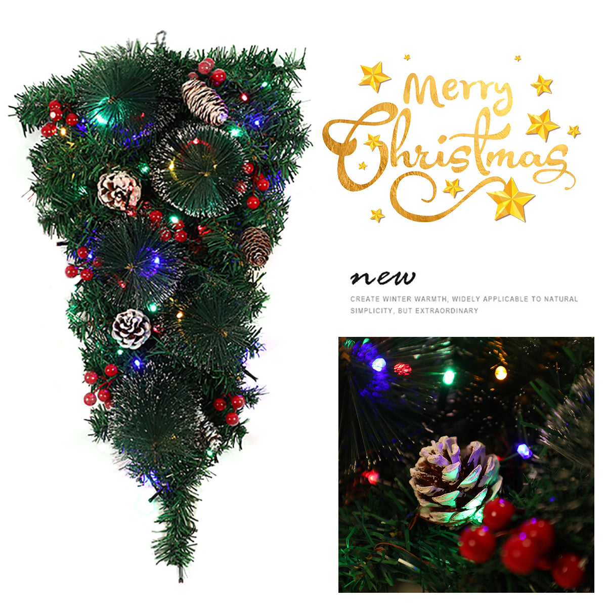 60cm Pre-Lit Christmas Teardrop Swag with Pinecones, Berries, and LED Lights – Holiday Door and Wall Decoration