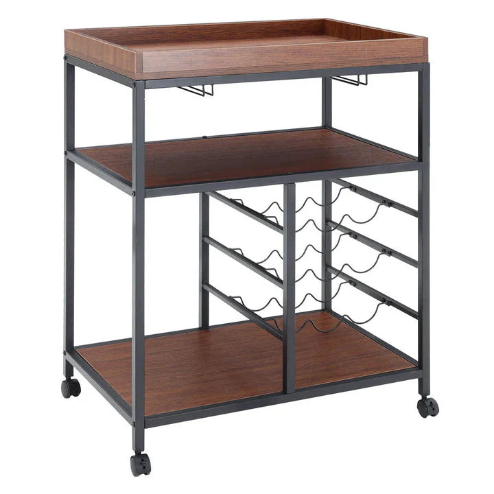 Rustic Wood Bar Serving Cart on Wheels Mobile Beverage Station Easy Entertaining