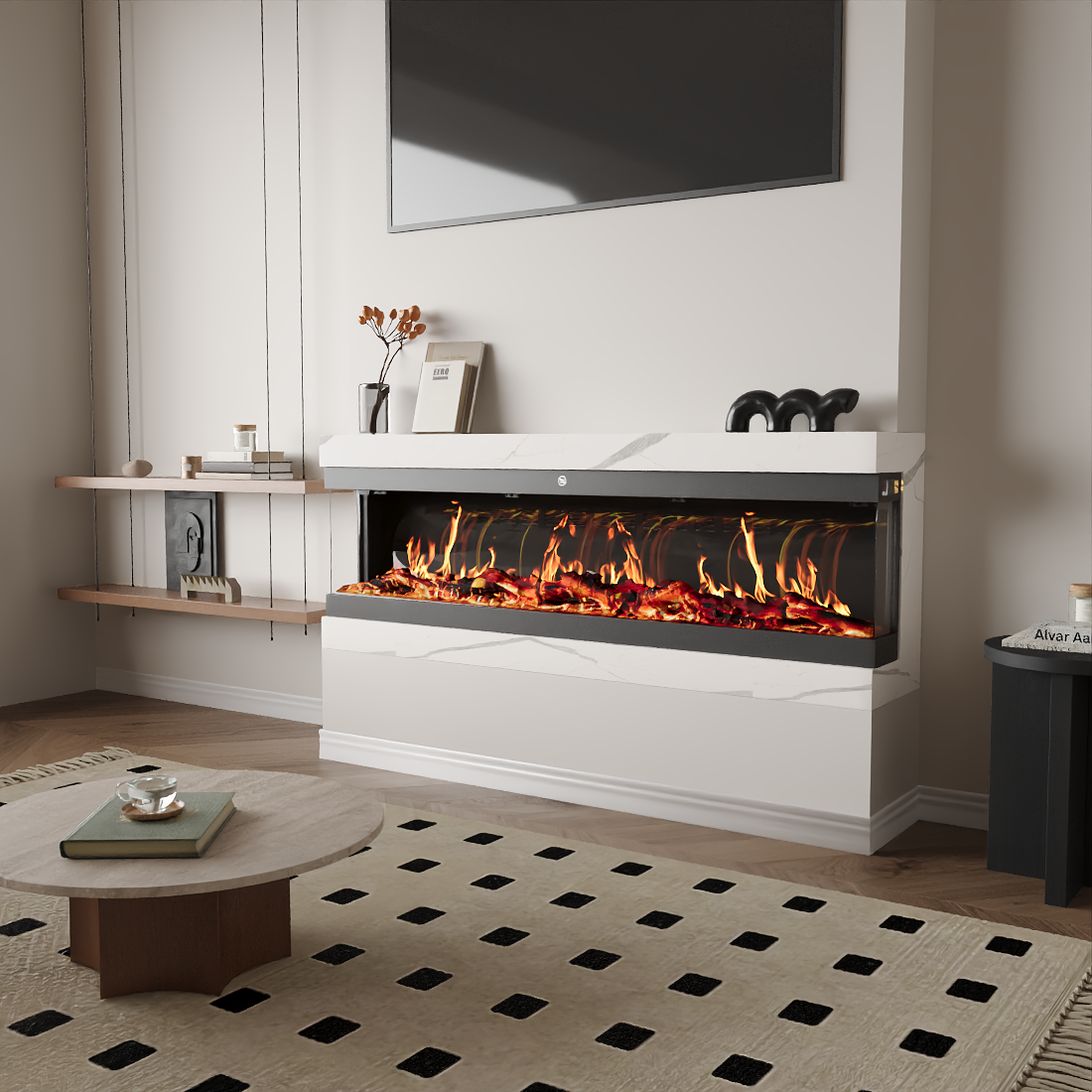42/50/60/72inch 3-Sided Black/White Electric Fireplace with Remote Control, WiFi Function, Adjustable LED Flames and Heating Modes