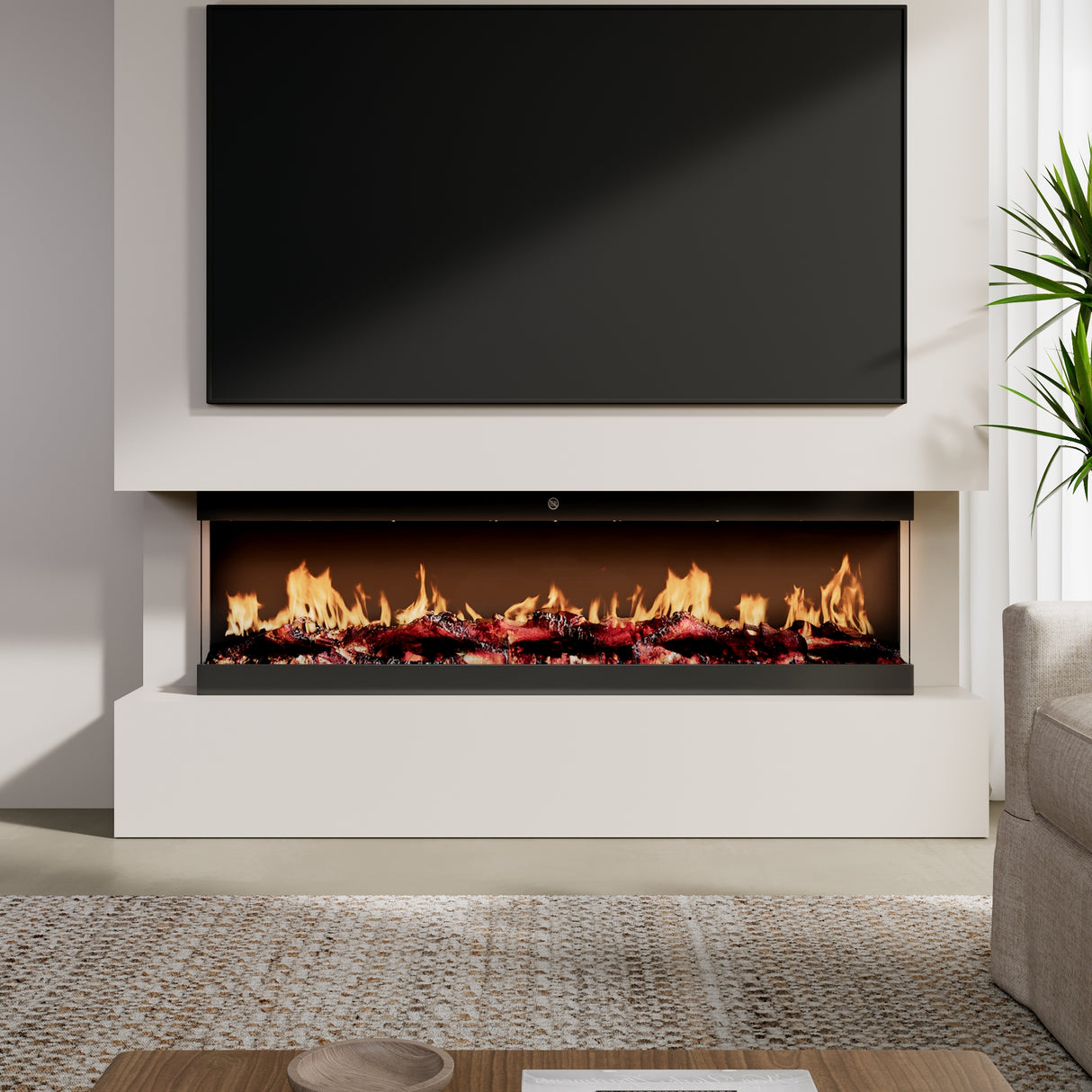 42/50/60/72inch 3-Sided Black/White Electric Fireplace with Remote Control, WiFi Function, Adjustable LED Flames and Heating Modes