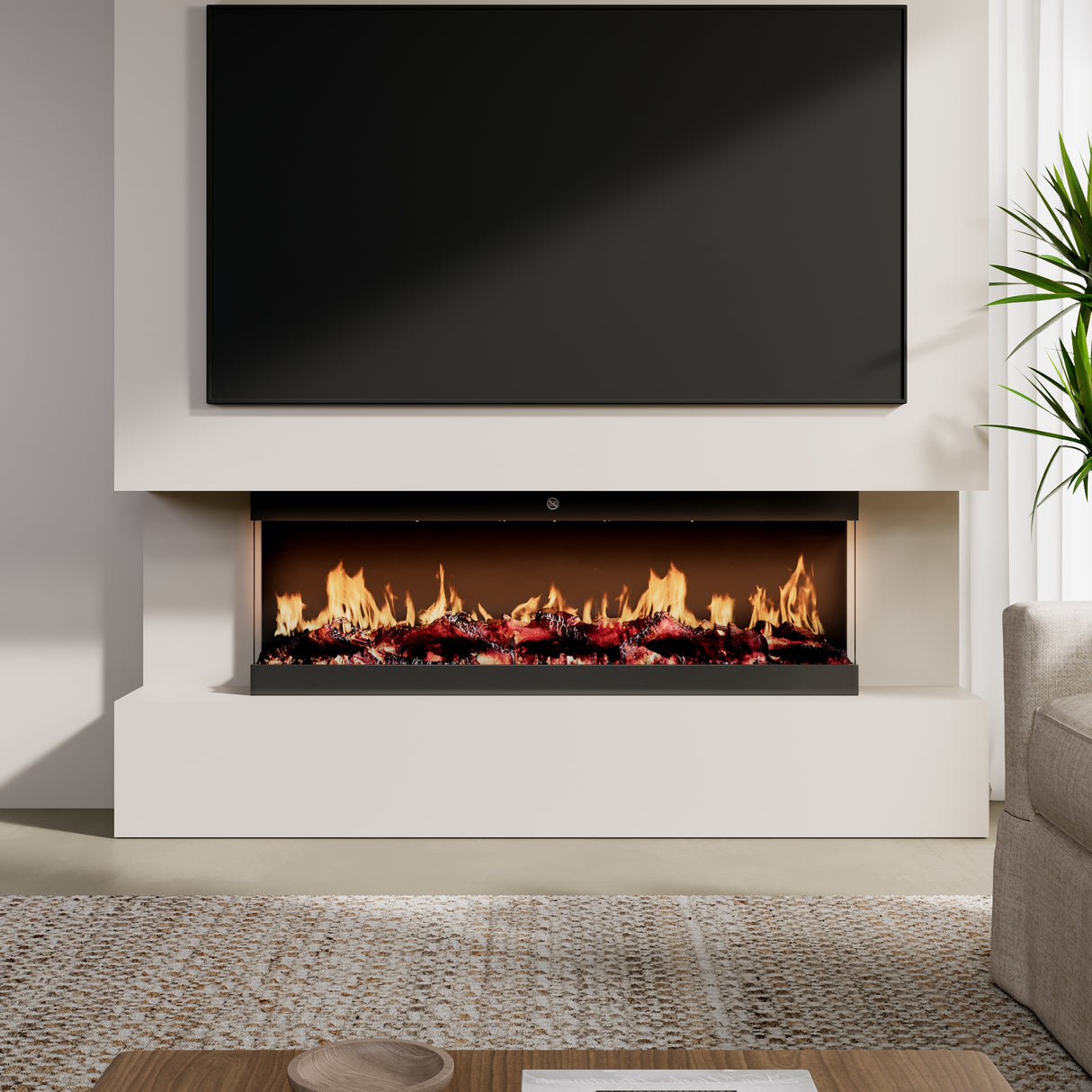 42/48/56/72inch 3-Sided Black/White Electric Fireplace with Remote Control, WiFi Function, Adjustable LED Flames and Heating Modes