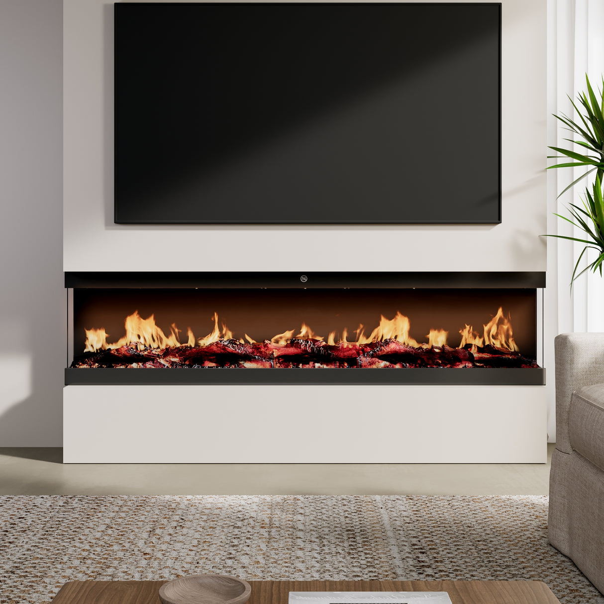 42/48/56/72inch 3-Sided Black/White Electric Fireplace with Remote Control, WiFi Function, Adjustable LED Flames and Heating Modes