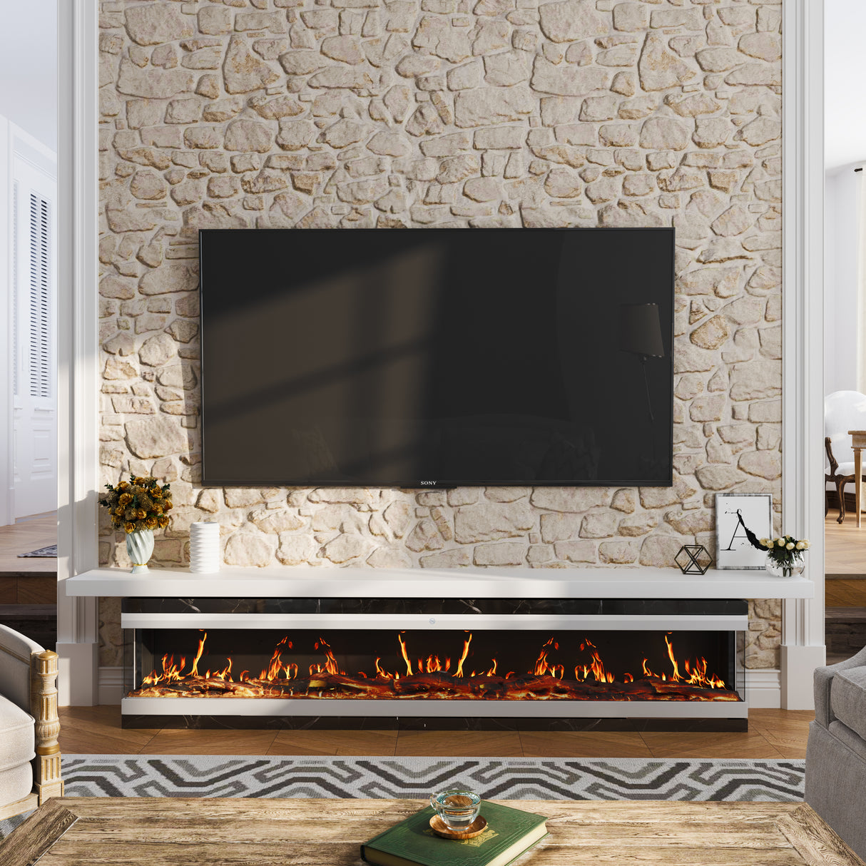 42/48/56/72inch 3-Sided Black/White Electric Fireplace with Remote Control, WiFi Function, Adjustable LED Flames and Heating Modes