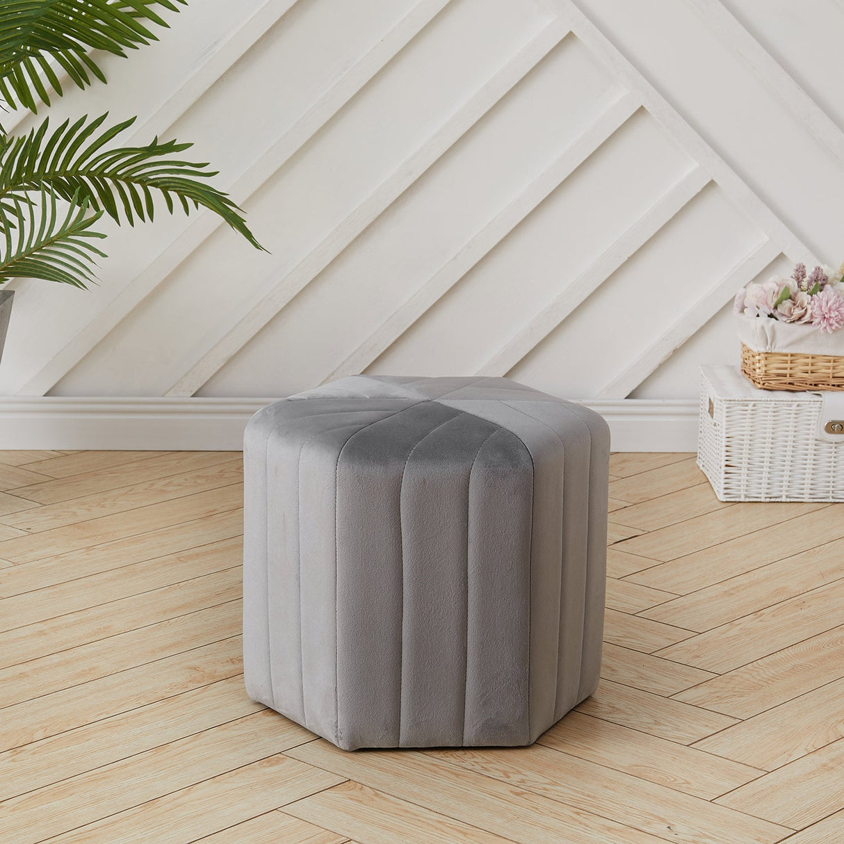 Minimal Hexagonal Velvet Footstool Ottoman with Stripes
