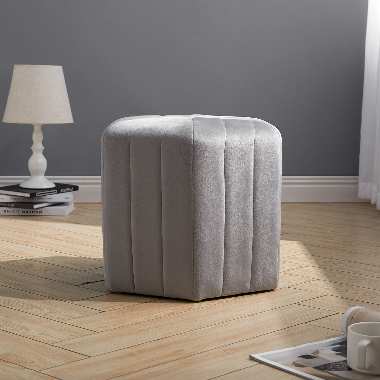 Minimal Hexagonal Velvet Footstool Ottoman with Stripes