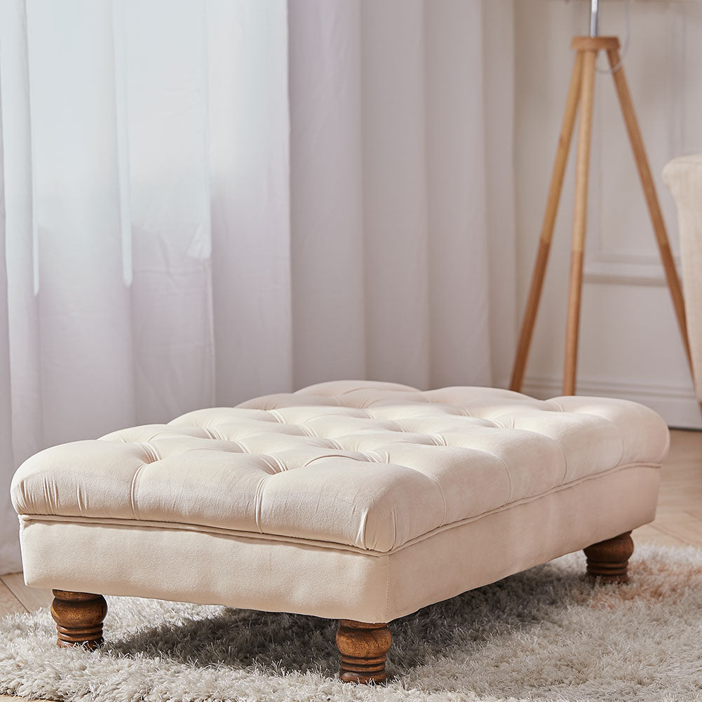 Buttoned Velvet Rectangular Ottoman Footstool with Gourd-shaped Legs