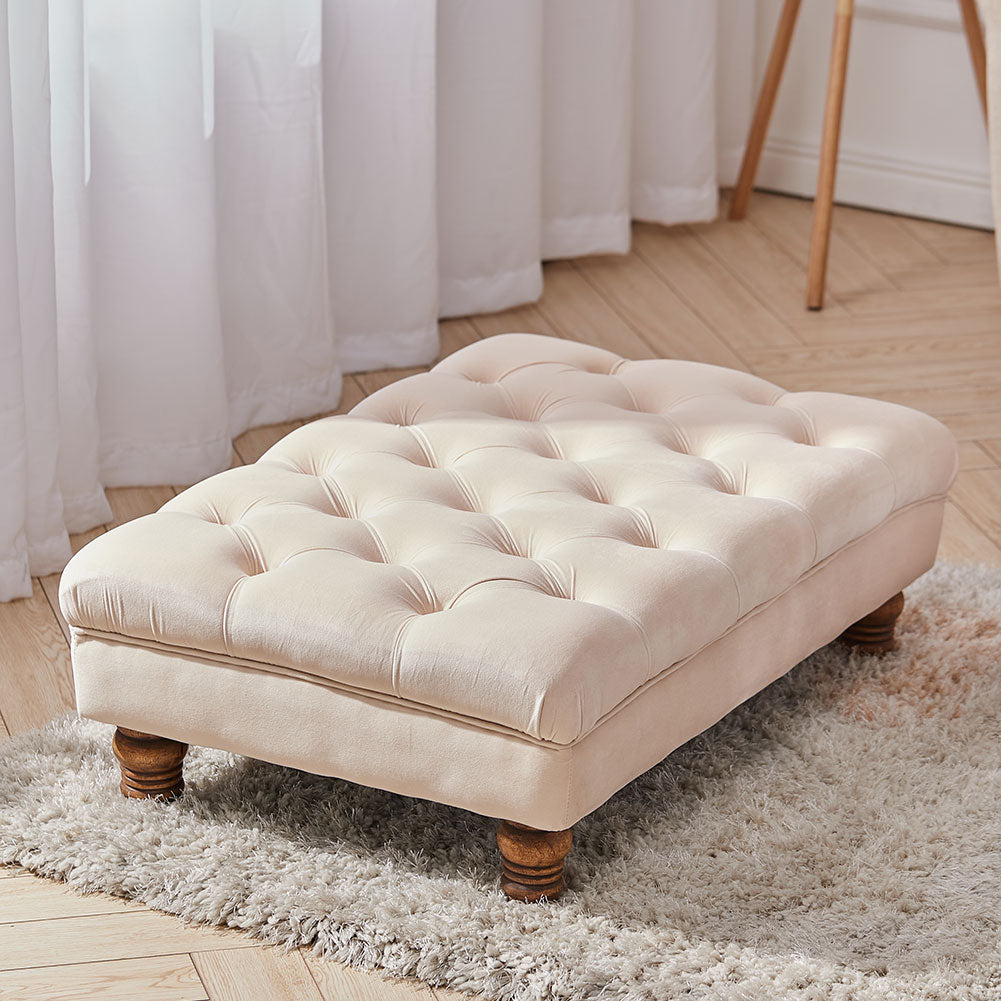 Buttoned Velvet Rectangular Ottoman Footstool with Gourd-shaped Legs