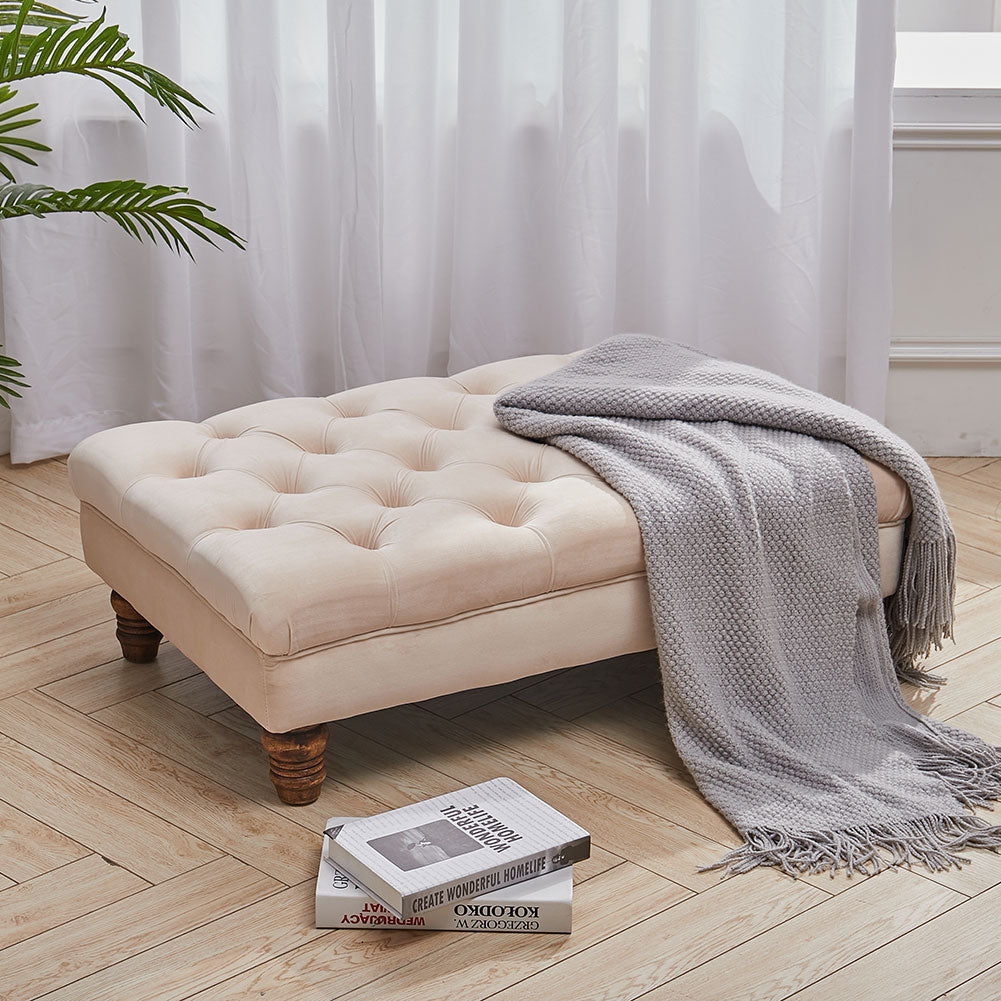 Buttoned Velvet Rectangular Ottoman Footstool Gourd shaped Legs