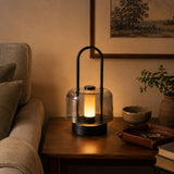 portable lantern-style ambient table lamp with close-up shade and base details