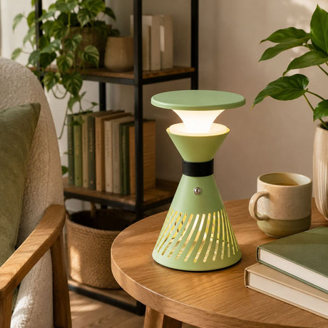 retro funnel cordless table lamp on a desk with soft ambient light