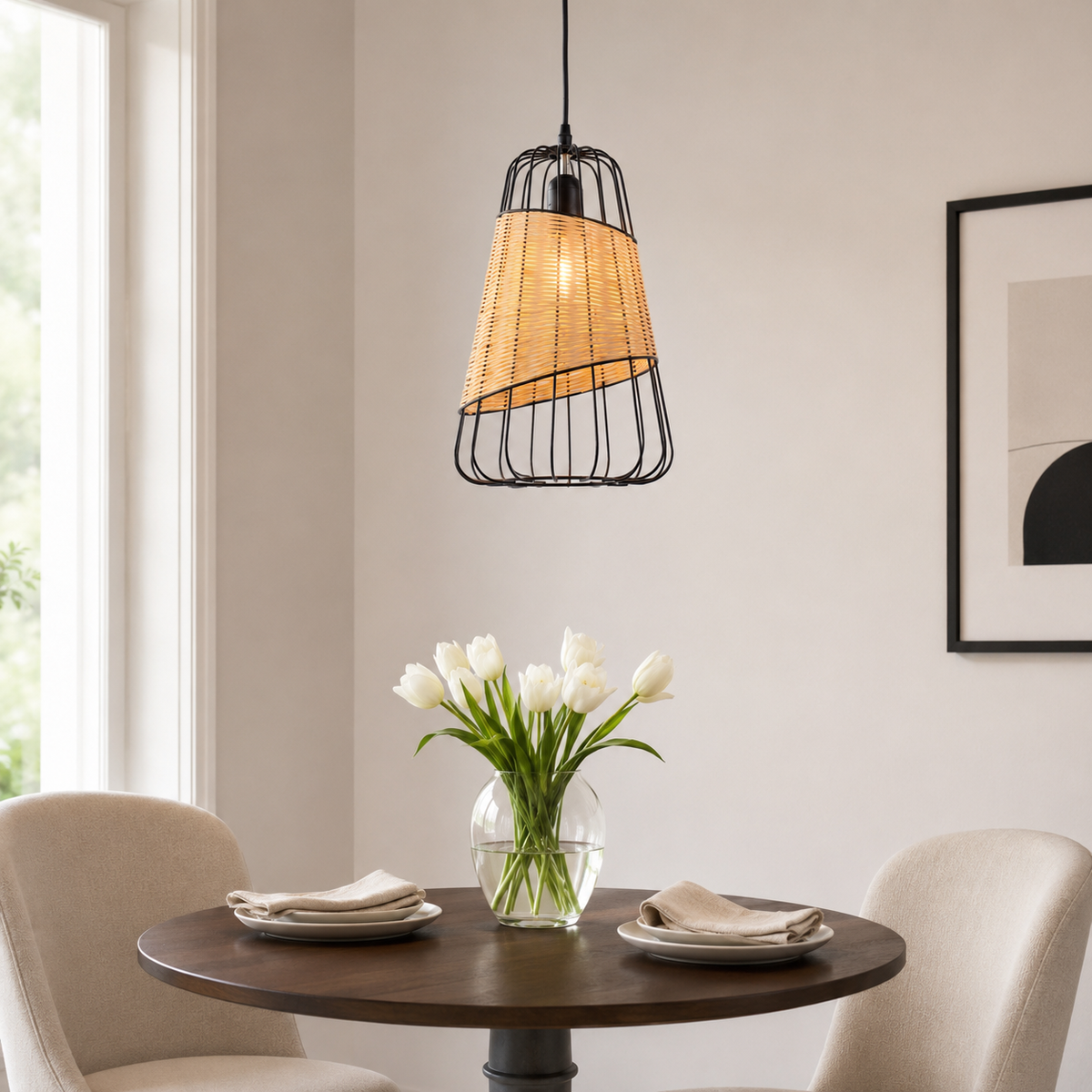 Rustic Iron Woven Rattan Pendant Light for Dining Room, Reading Corner & Bedroom