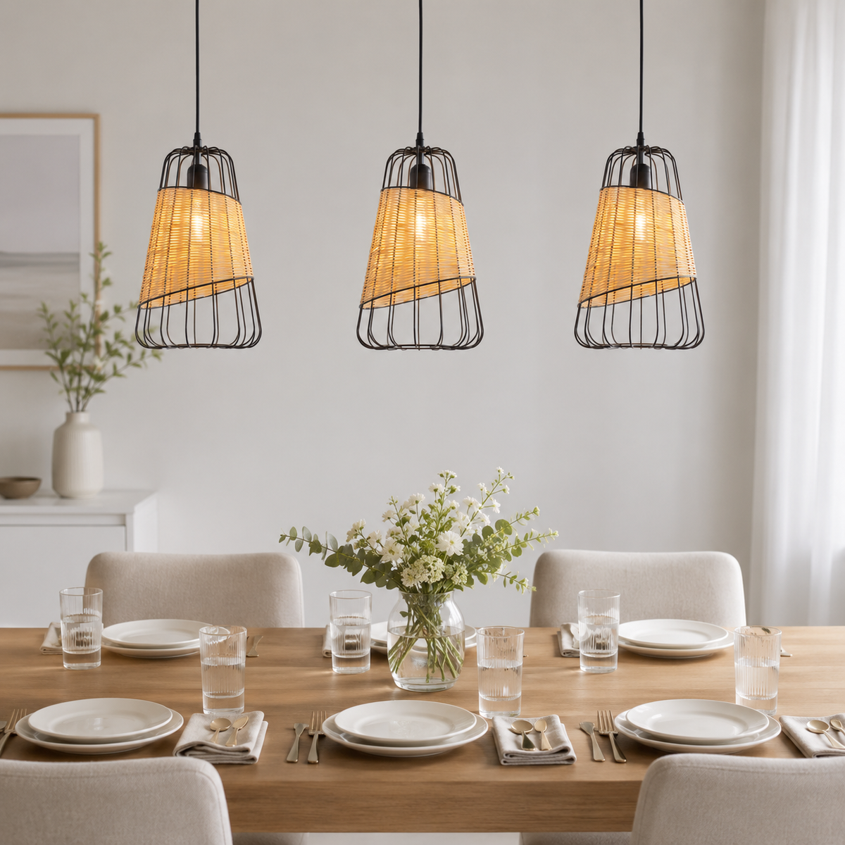 Rustic Iron Woven Rattan Pendant Light for Dining Room, Reading Corner & Bedroom