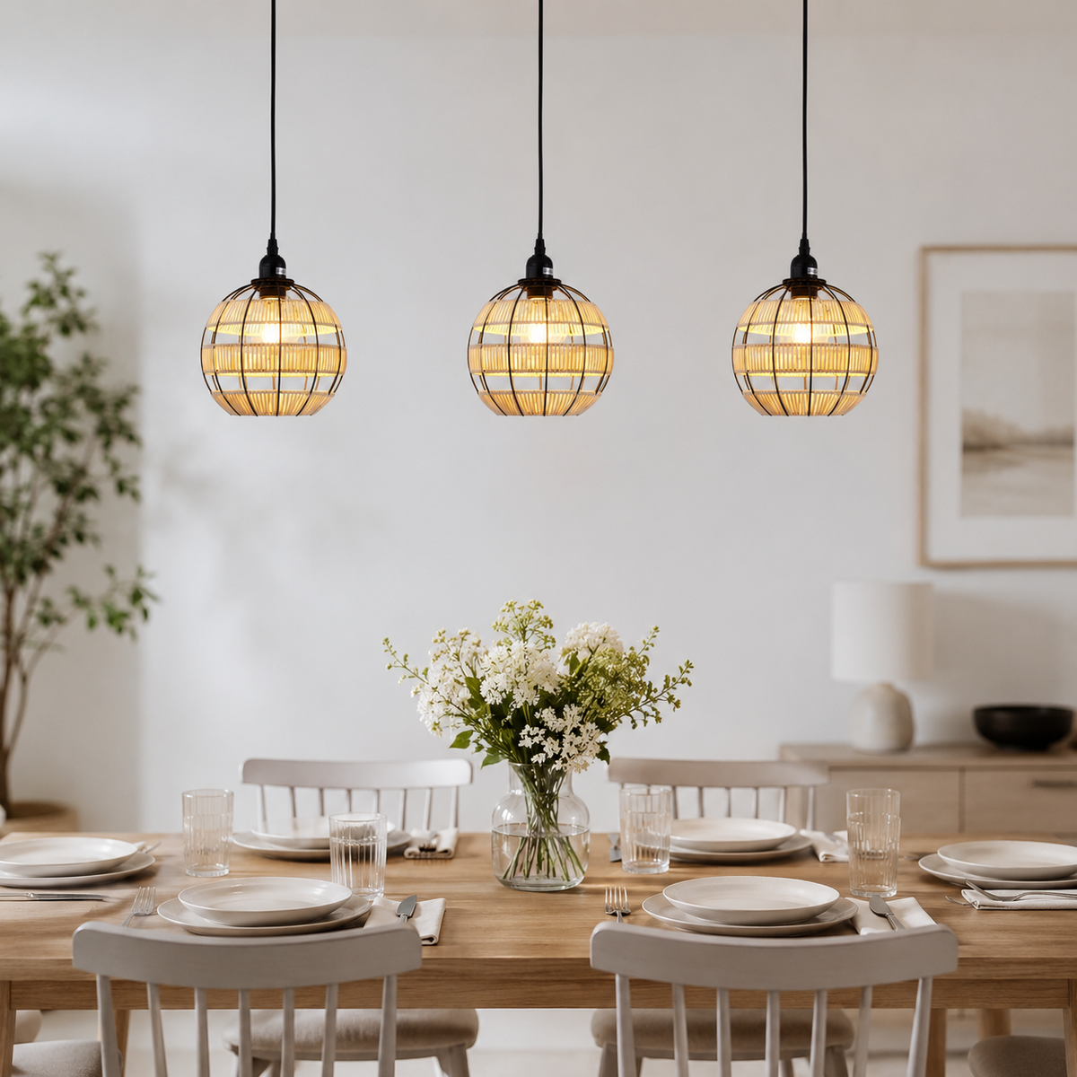 Rustic Iron Woven Rattan Pendant Light for Dining Room, Reading Corner & Bedroom