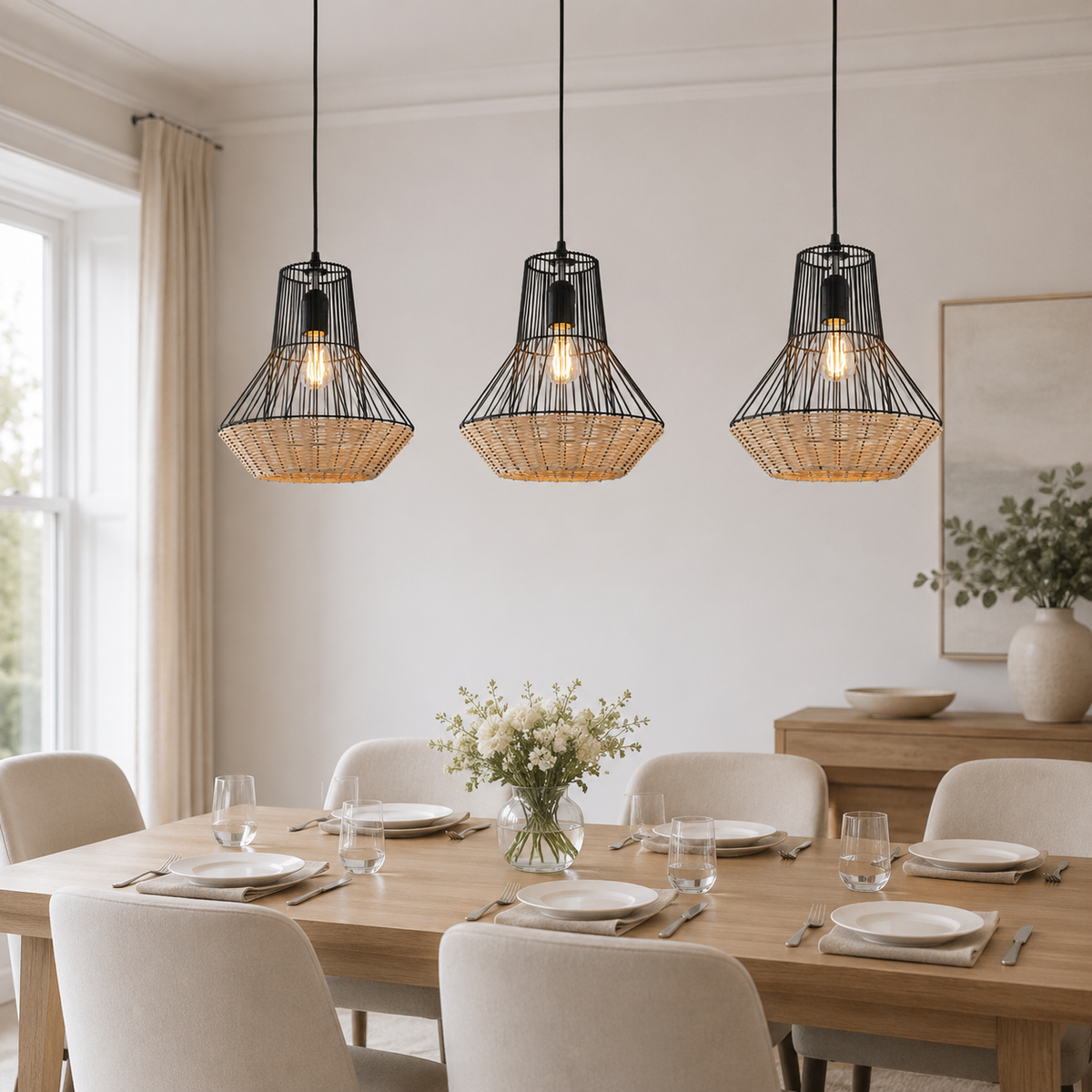 Rustic Iron Woven Rattan Pendant Light for Dining Room, Reading Corner & Bedroom