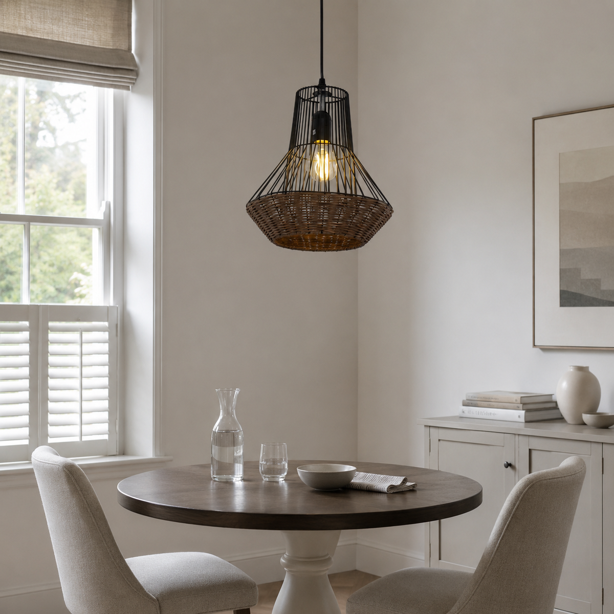 Rustic Iron Woven Rattan Pendant Light for Dining Room, Reading Corner & Bedroom