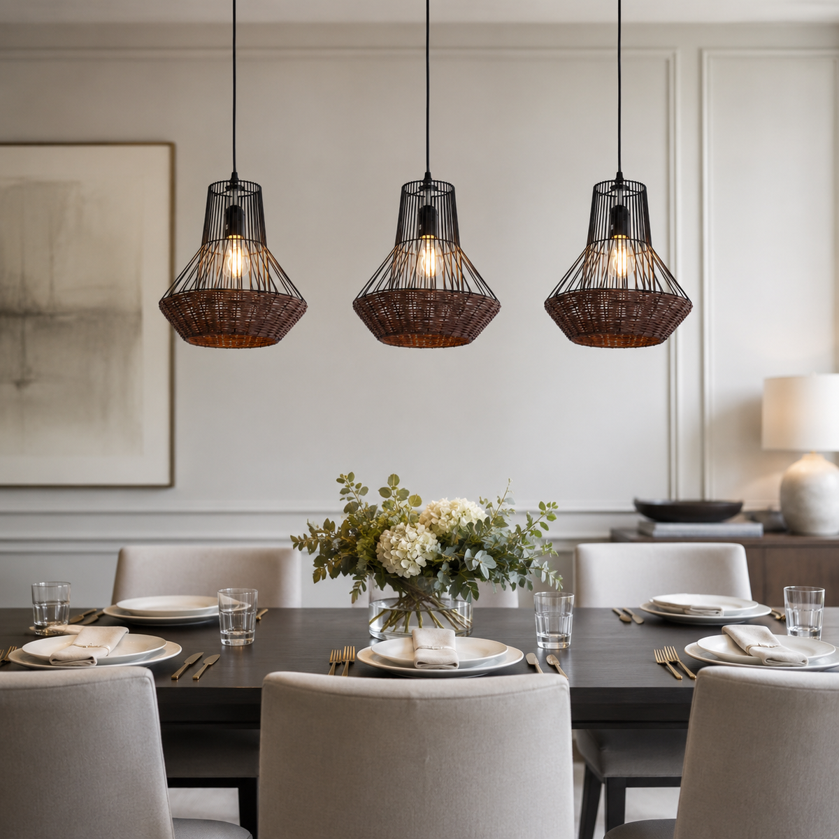 Rustic Iron Woven Rattan Pendant Light for Dining Room, Reading Corner & Bedroom