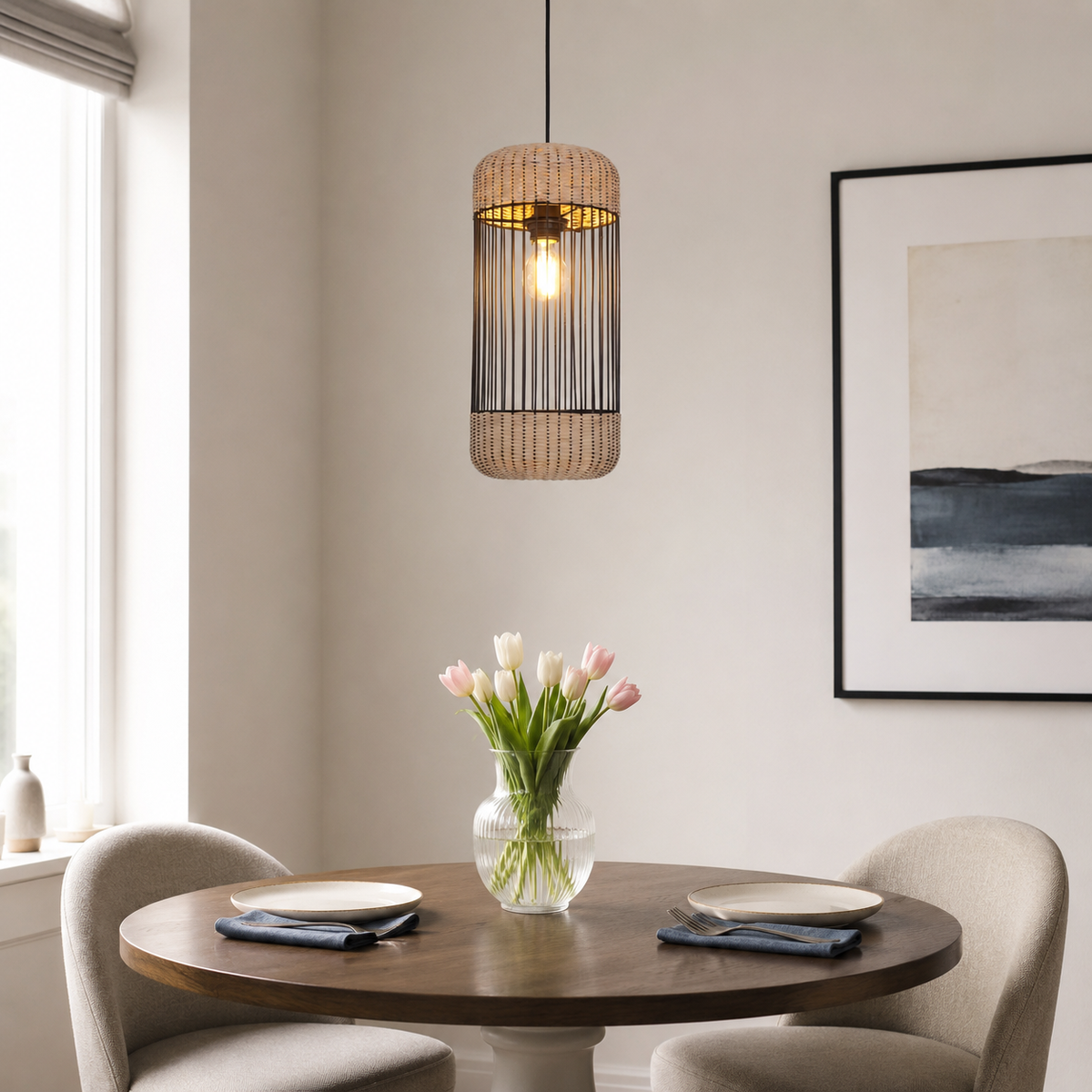 Rustic Iron Woven Rattan Pendant Light for Dining Room, Reading Corner & Bedroom