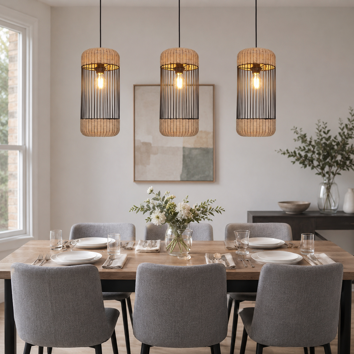 Rustic Iron Woven Rattan Pendant Light for Dining Room, Reading Corner & Bedroom