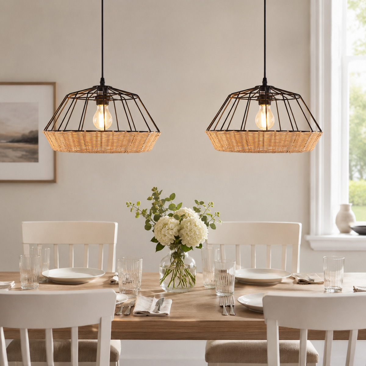 Rustic Iron Woven Rattan Pendant Light for Dining Room, Reading Corner & Bedroom