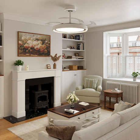 48 inch reversible ceiling fan with LED light shown from below with LED light on