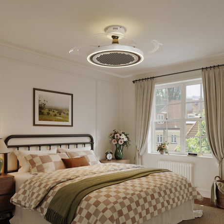 48 inch reversible ceiling fan with LED light cooling a bright bedroom