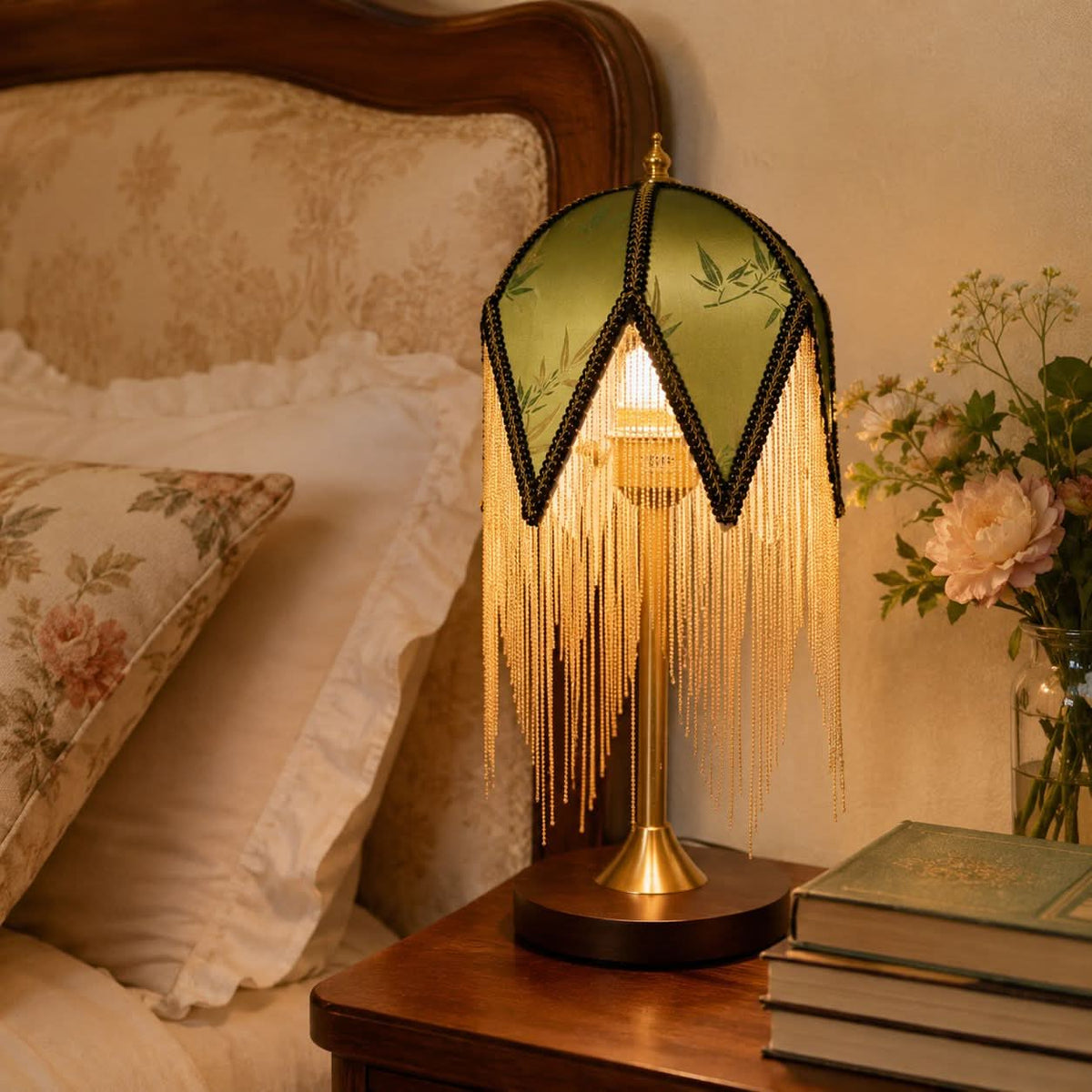 Mid Century Vintage Tassel Table Lamp Antique Brass & Fabric Bedside Lamp
