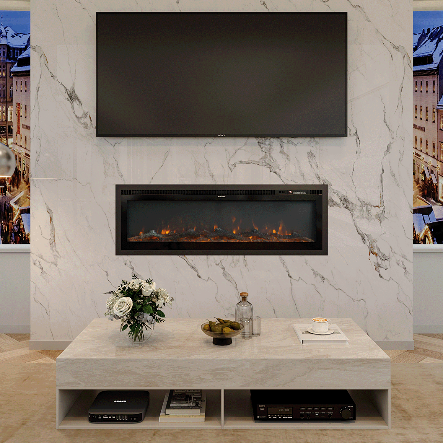 Wide View Media Wall Fireplace Realistic LED Flames & Remote Control