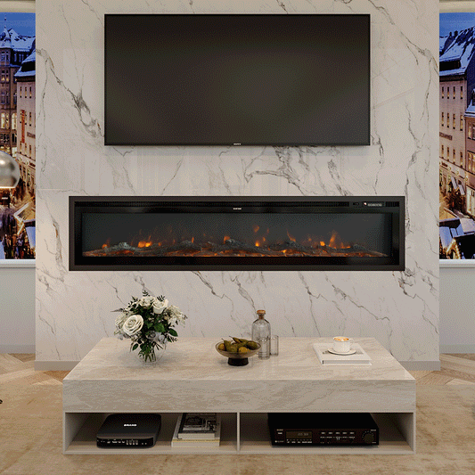 realistic electric log burner fireplace with tv above