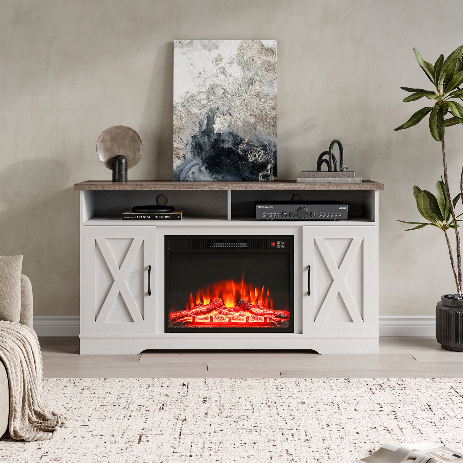 Large Wooden TV Stand Recessed Electric Fireplace